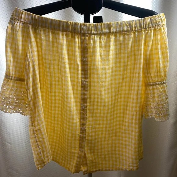 Old Navy Yellow Gingham Off-Shoulder Blouse, Size XS - Picture 3 of 6